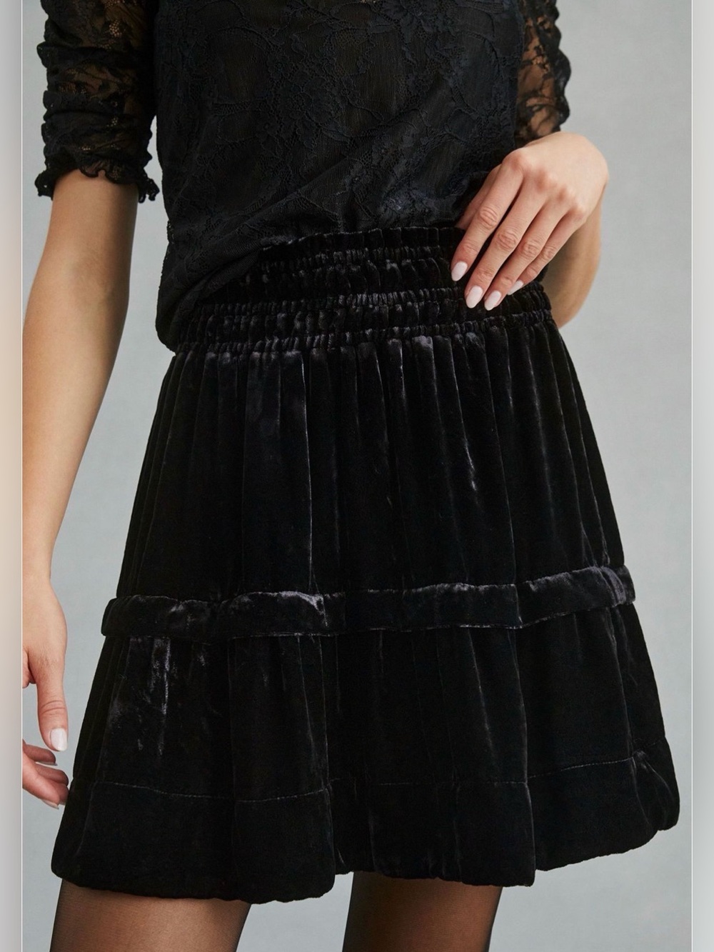 Anthropologie Somerset Black Velvet Tiered Mini Skirt